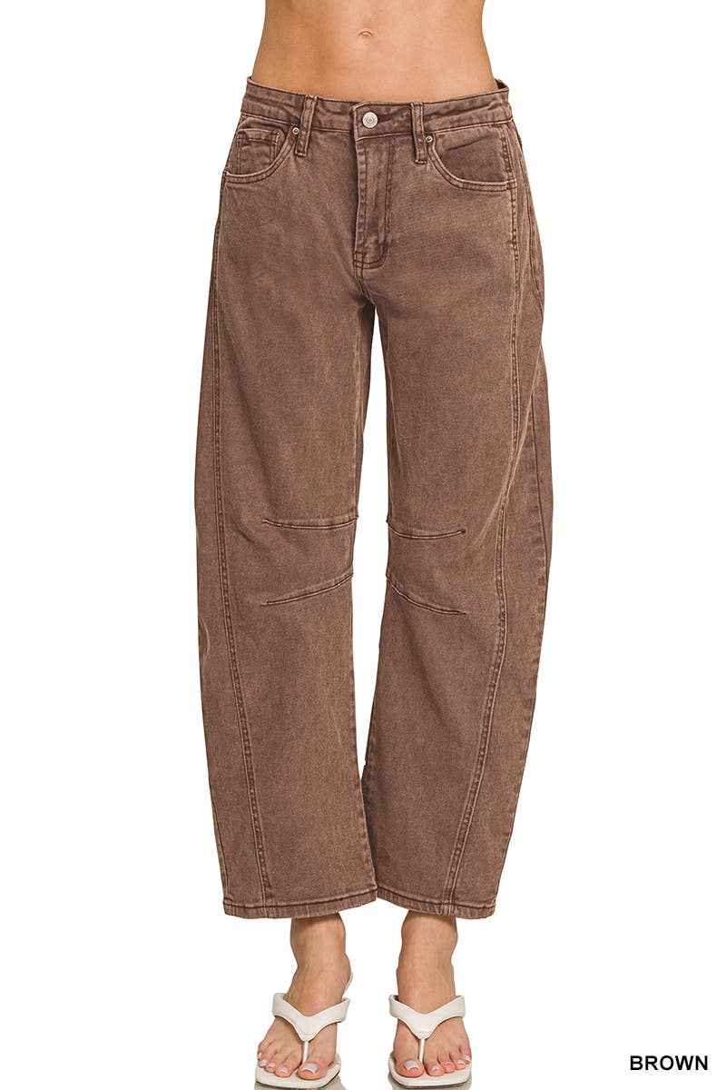 High Rise Barrel Denim Jeans - Brown