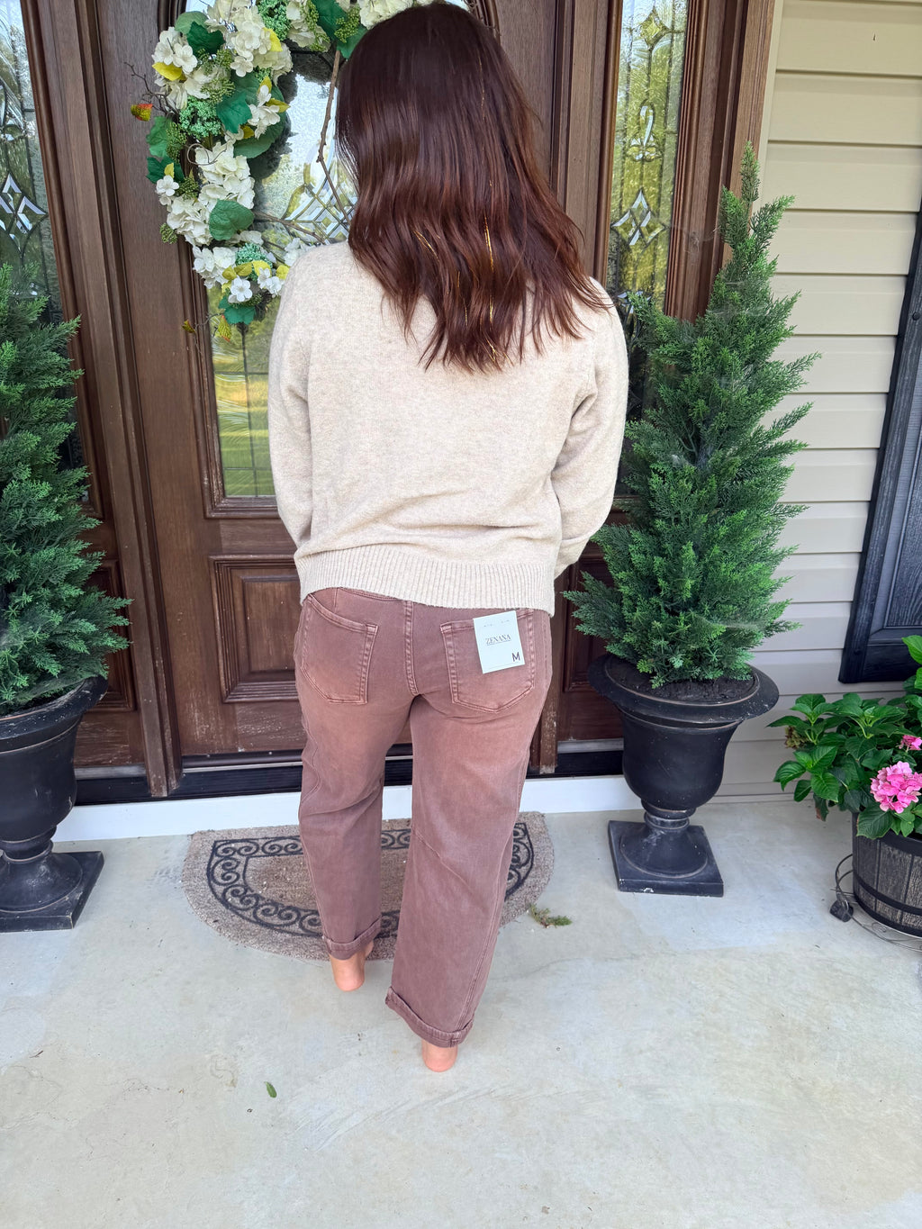 High Rise Barrel Denim Jeans - Brown