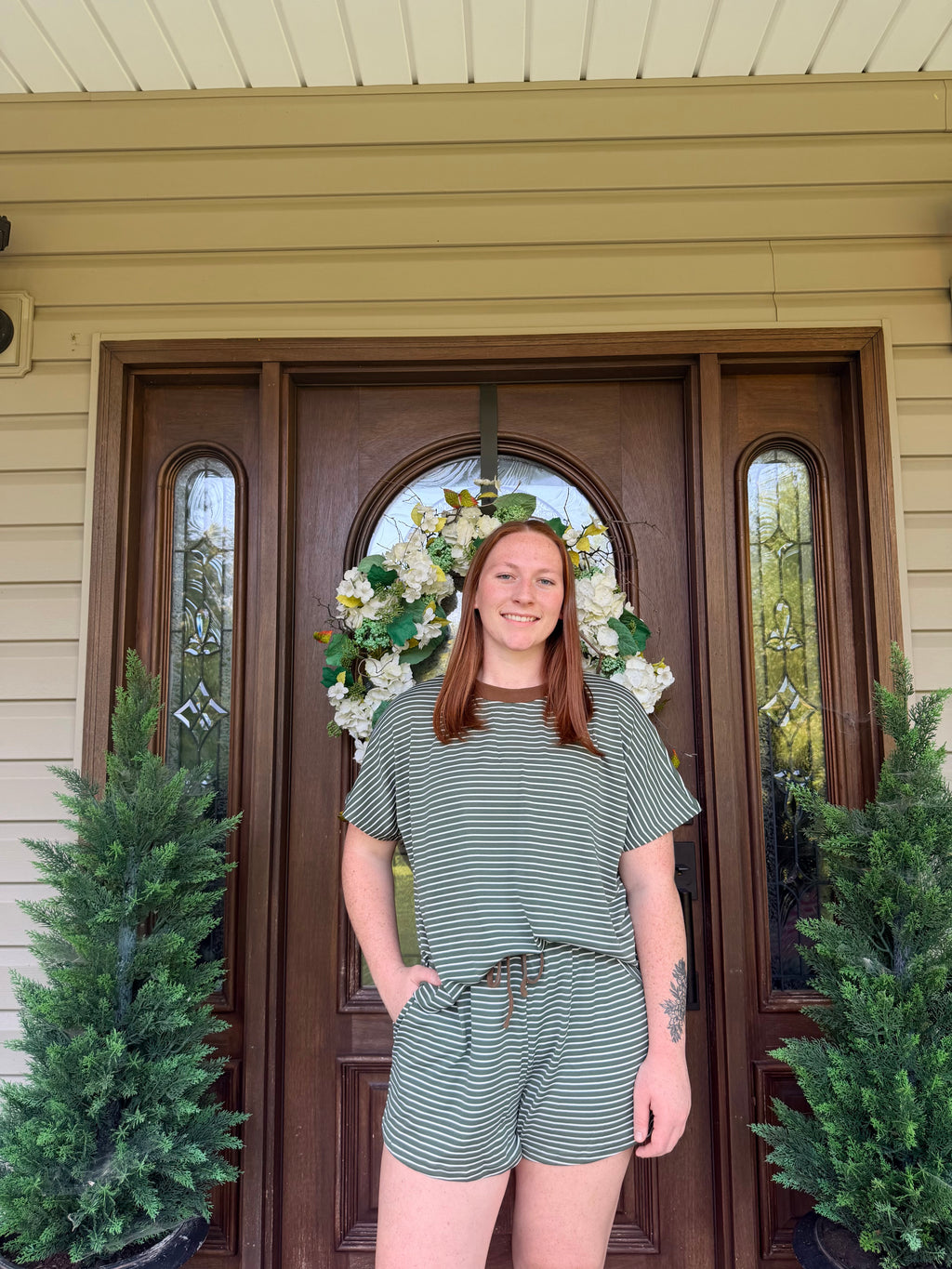Olive Striped Knit Top & Shorts Set