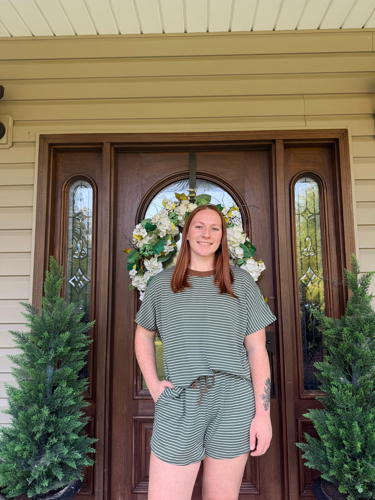Olive Striped Knit Top & Shorts Set