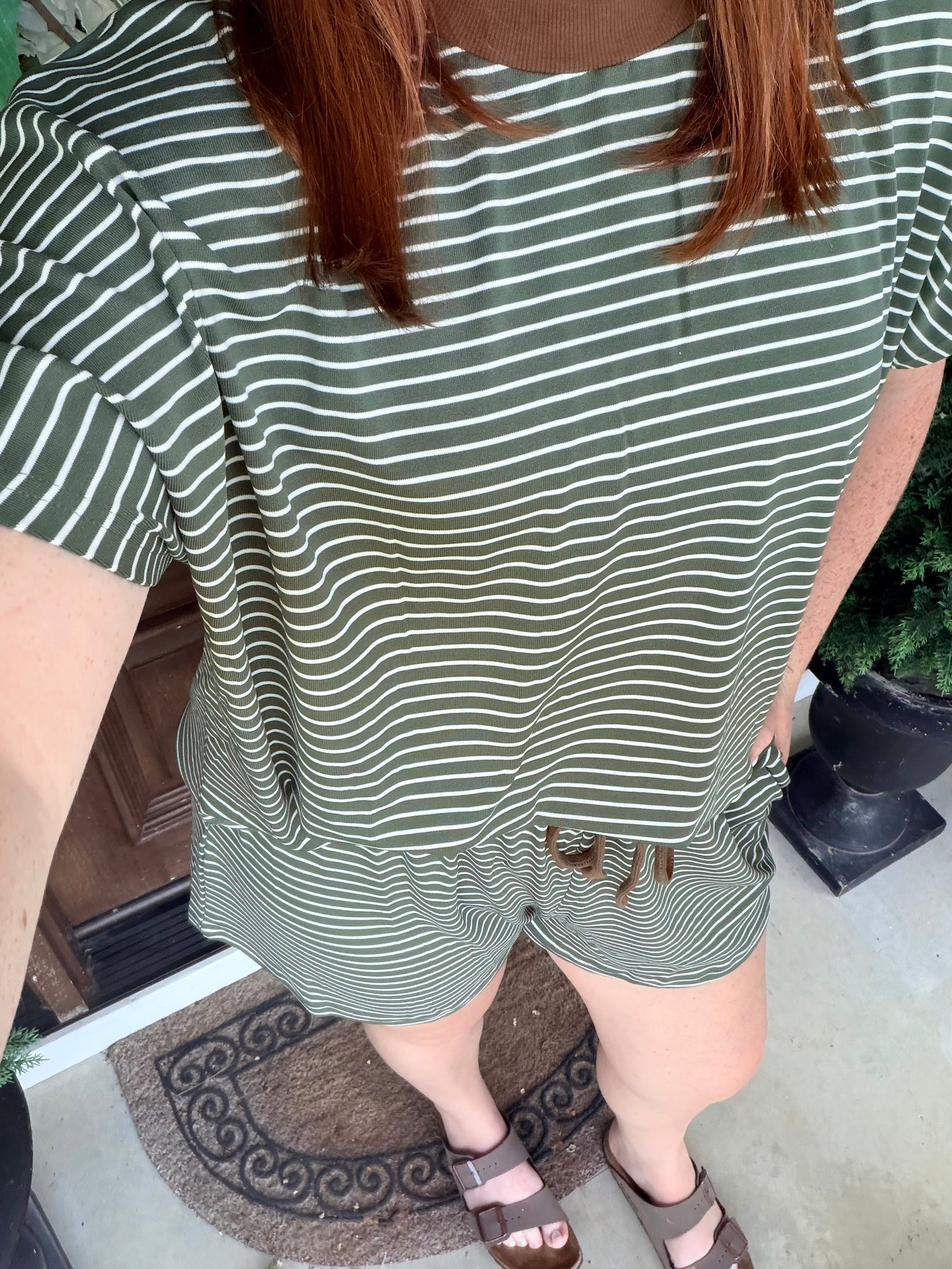 Olive Striped Knit Top & Shorts Set
