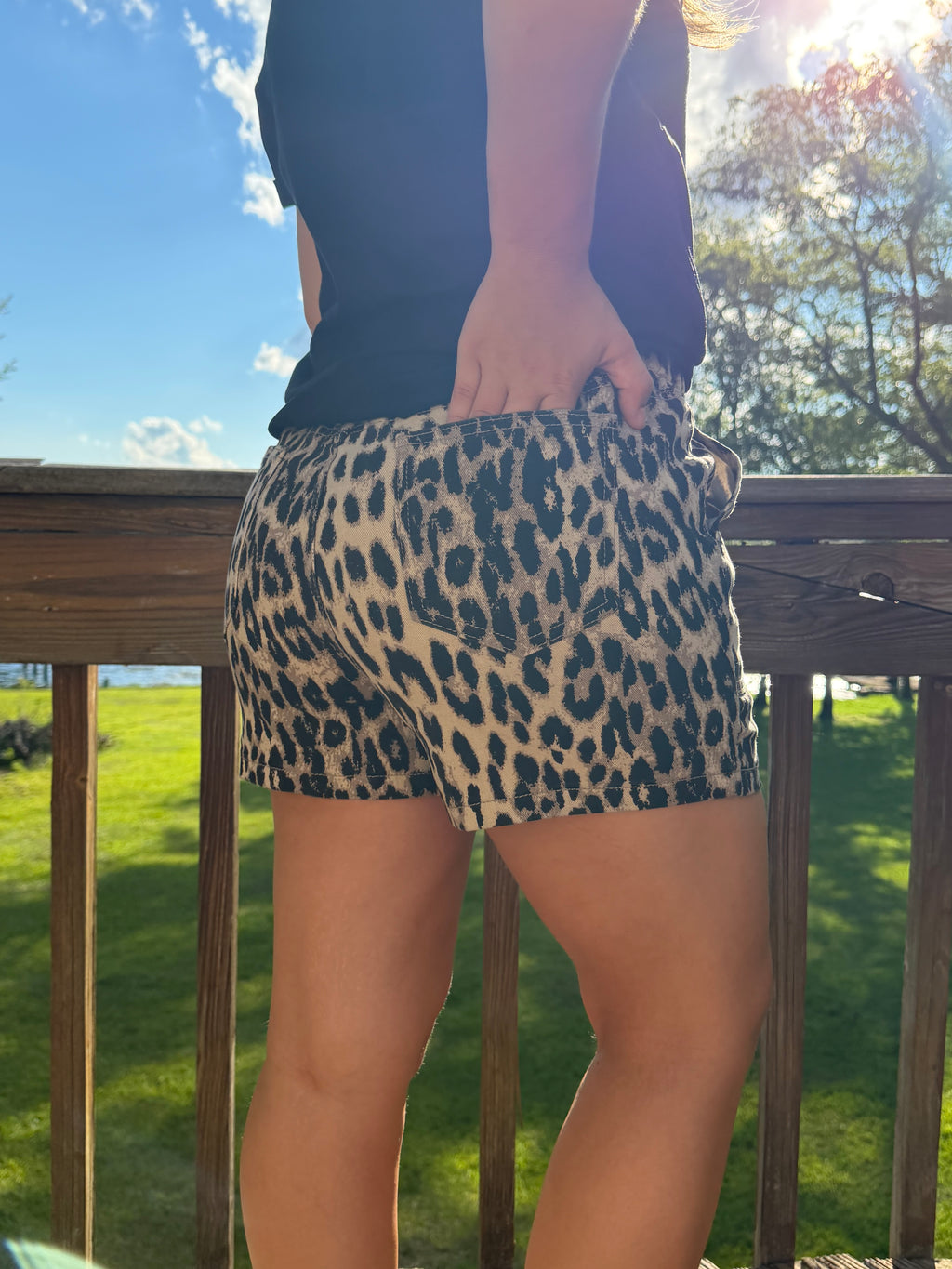 Leopard Waistband Mid-Rise Denim Shorts