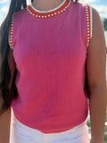 Pink Pearl Trim Sleeveless Knit Top