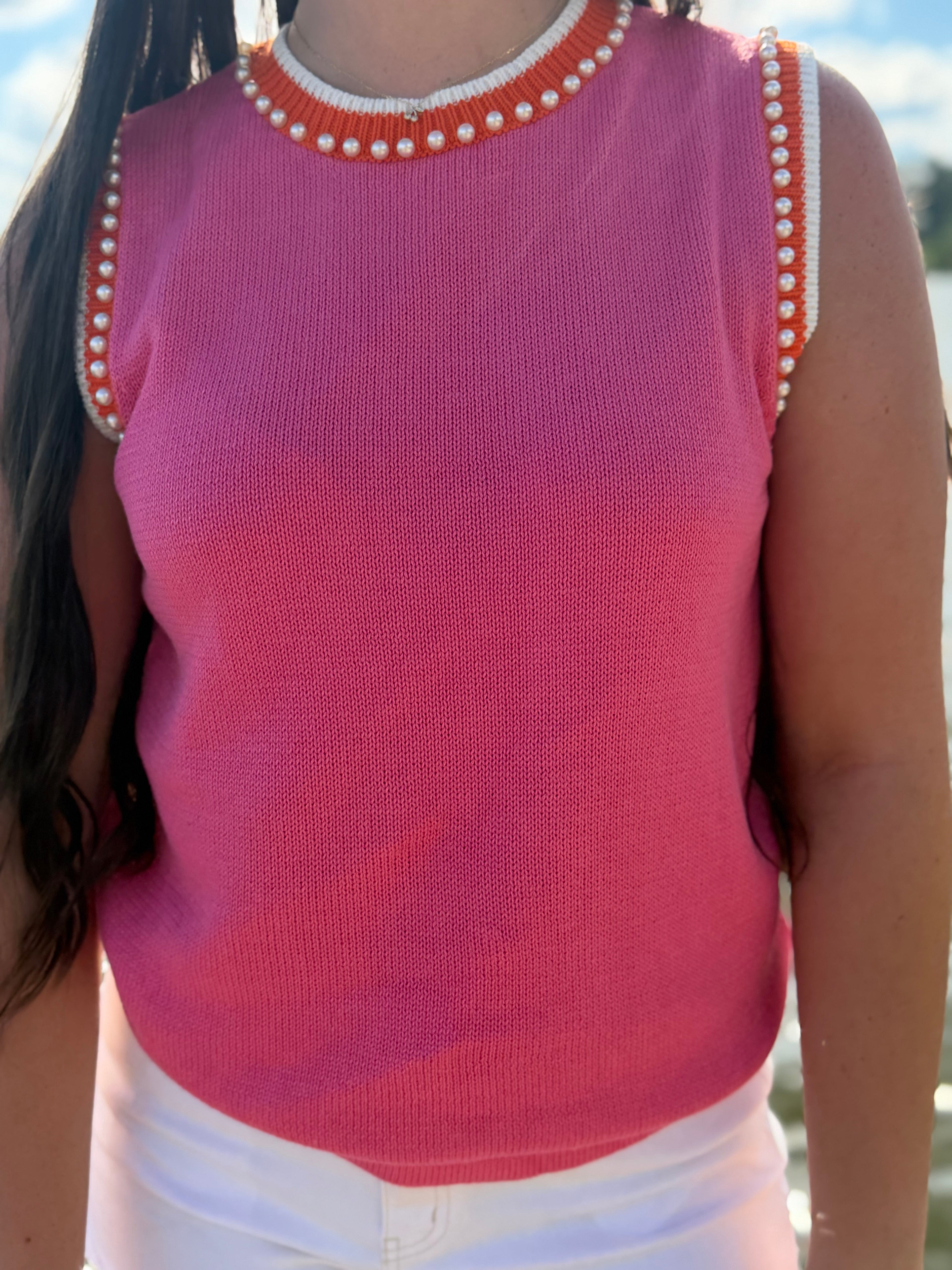 Pink Pearl Trim Sleeveless Knit Top