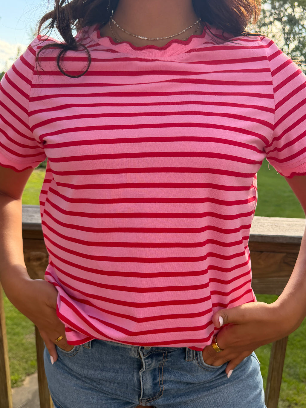 Pink & Red Striped Scallop Trim Tee