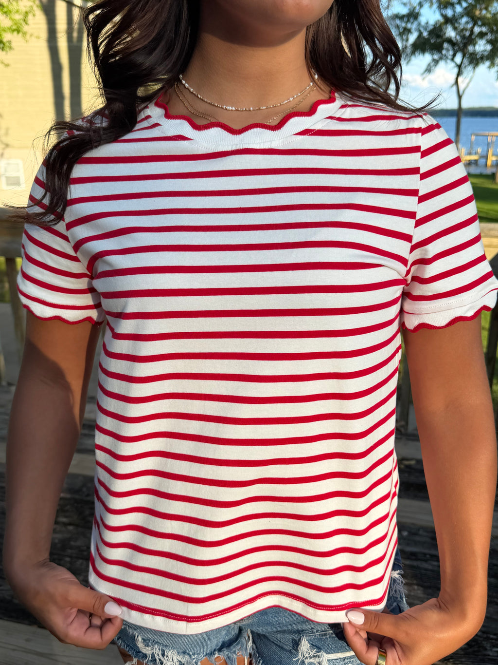Red & White Striped Scallop Trim Tee