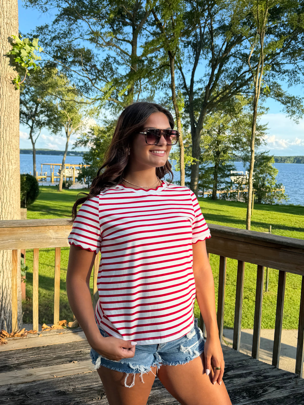 Red & White Striped Scallop Trim Tee